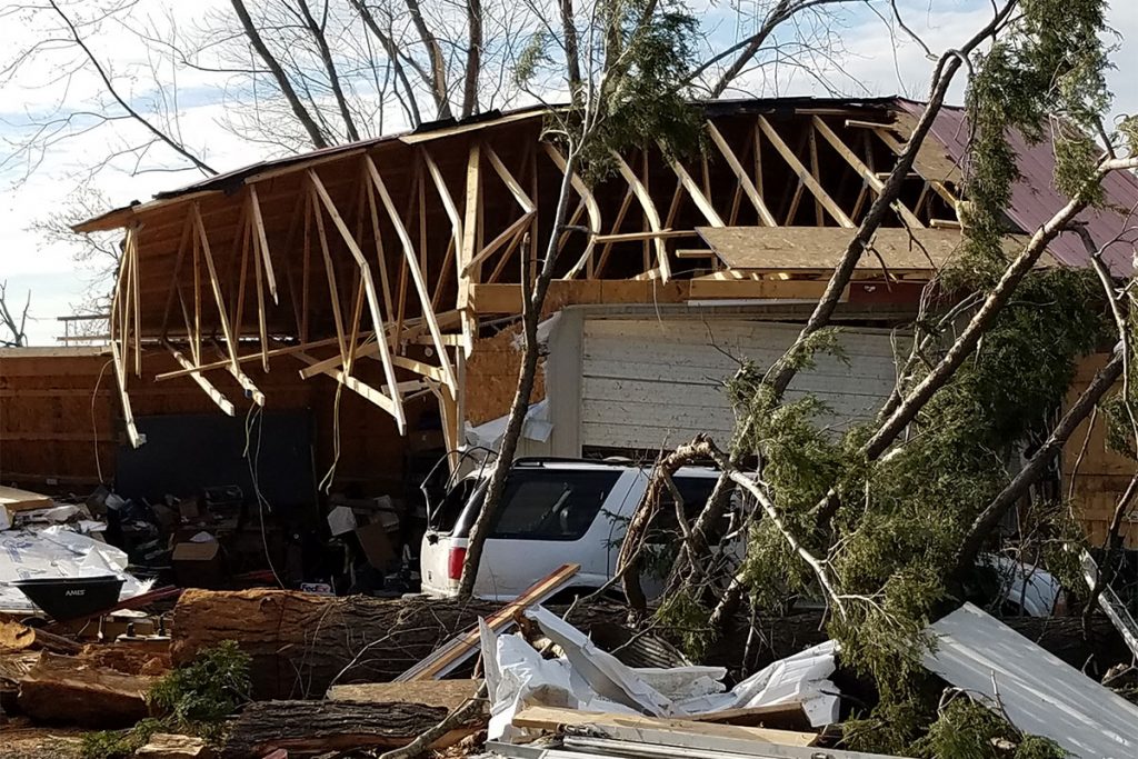 Extensive storm damage to the West family garage